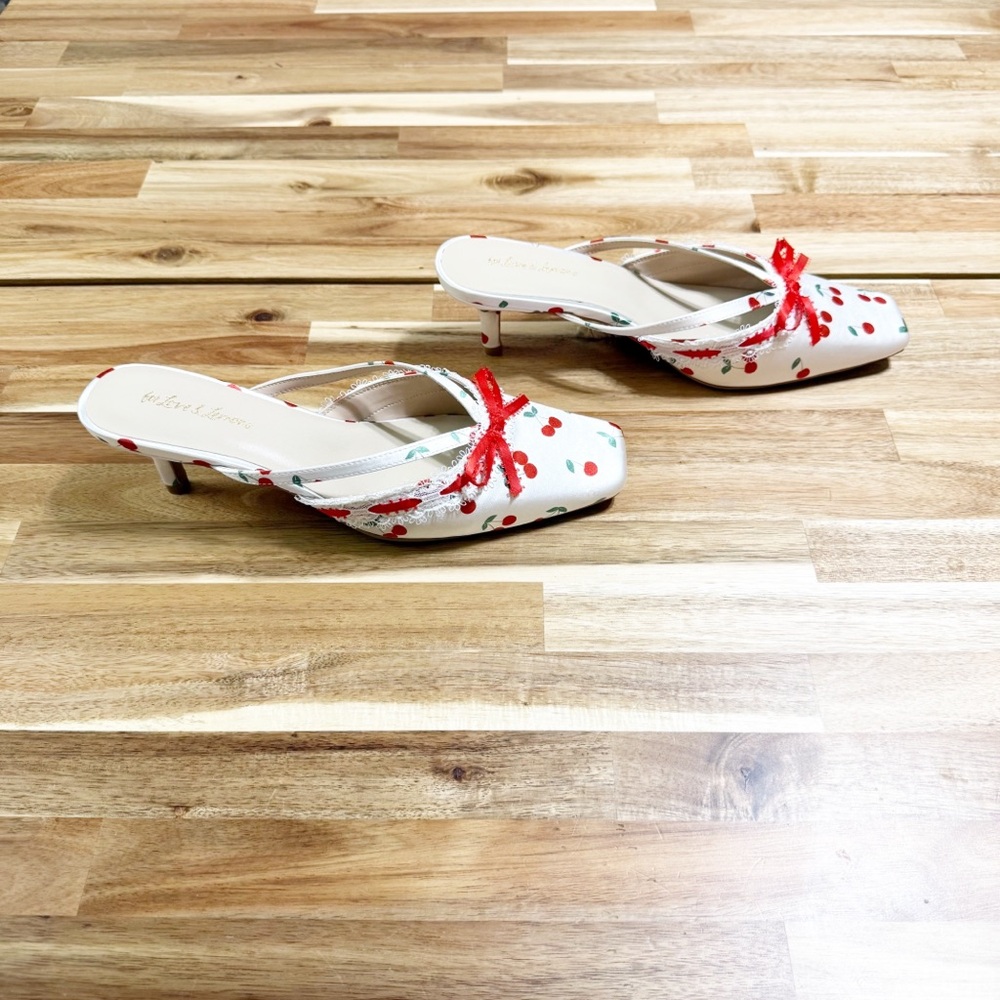 FOR LOVE & LEMONS Free People White Cherry Print Bow Audrey Mules Heels size 39 - Picture 6 of 11
